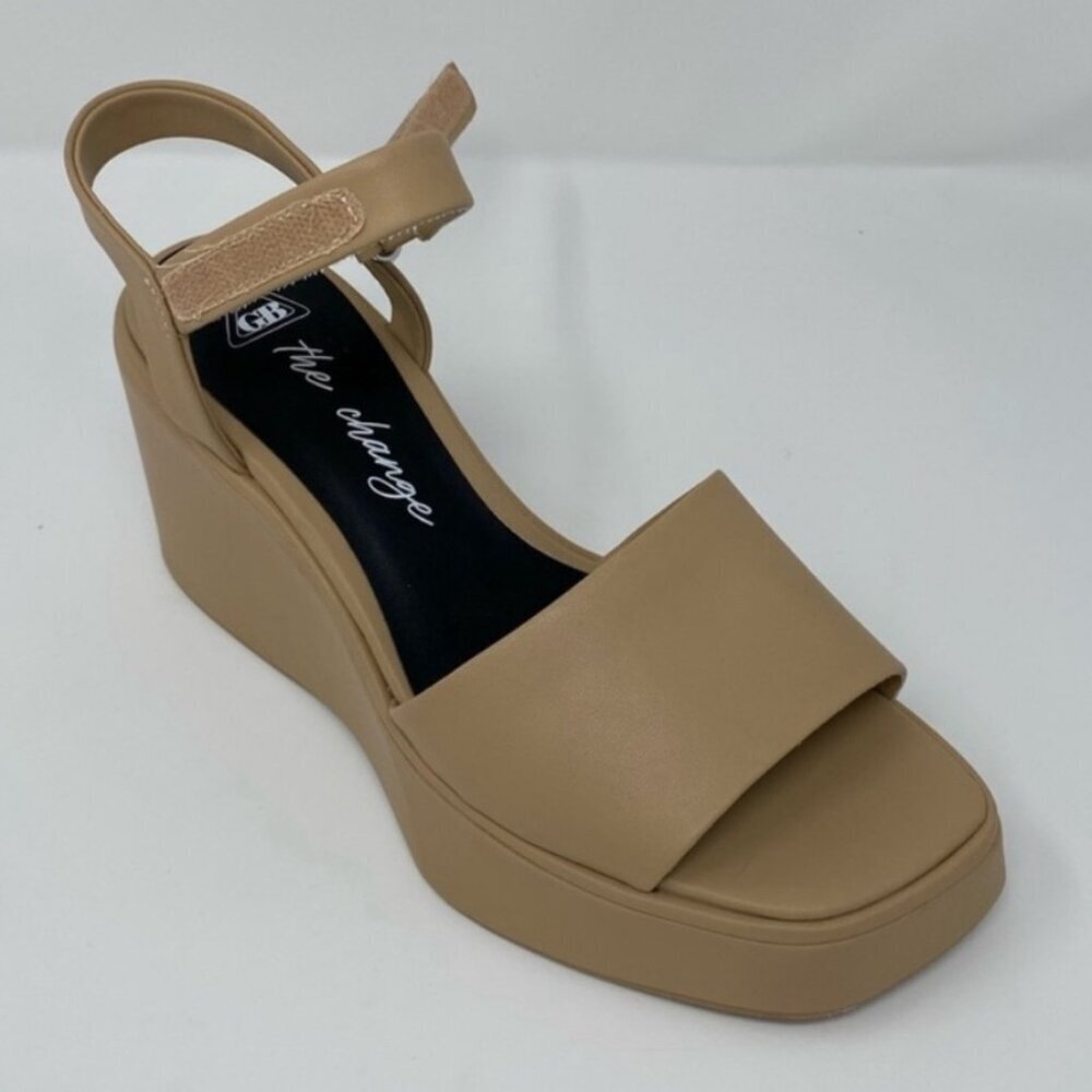 Gianni Bini SZ9 NWOT The Change Tan Leather Wedge Sandals Boho 70 Retro Recycled - Picture 2 of 9